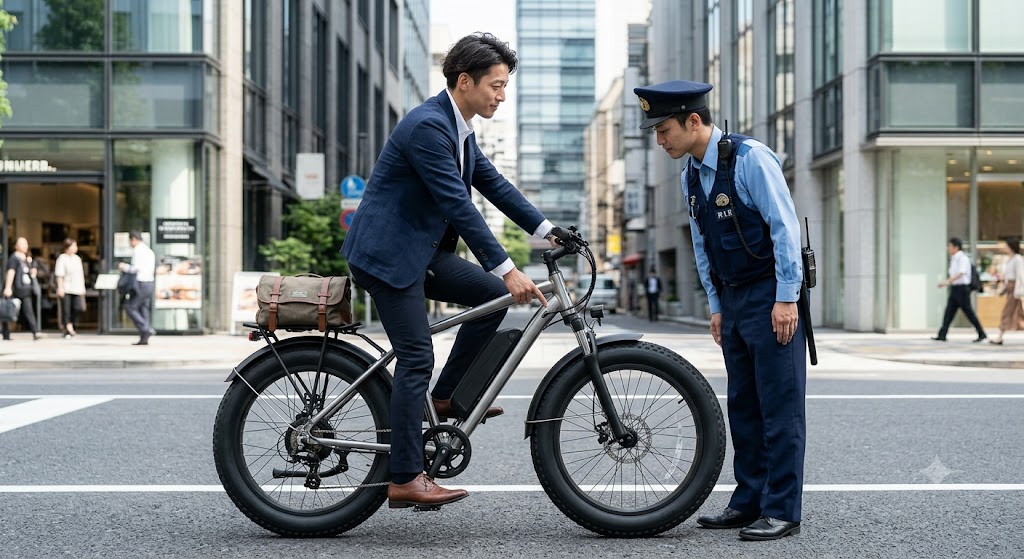 街頭で警察官の職務質問に対し、笑顔で冷静に電動アシスト自転車の適法性を説明する日本の男性ユーザー。