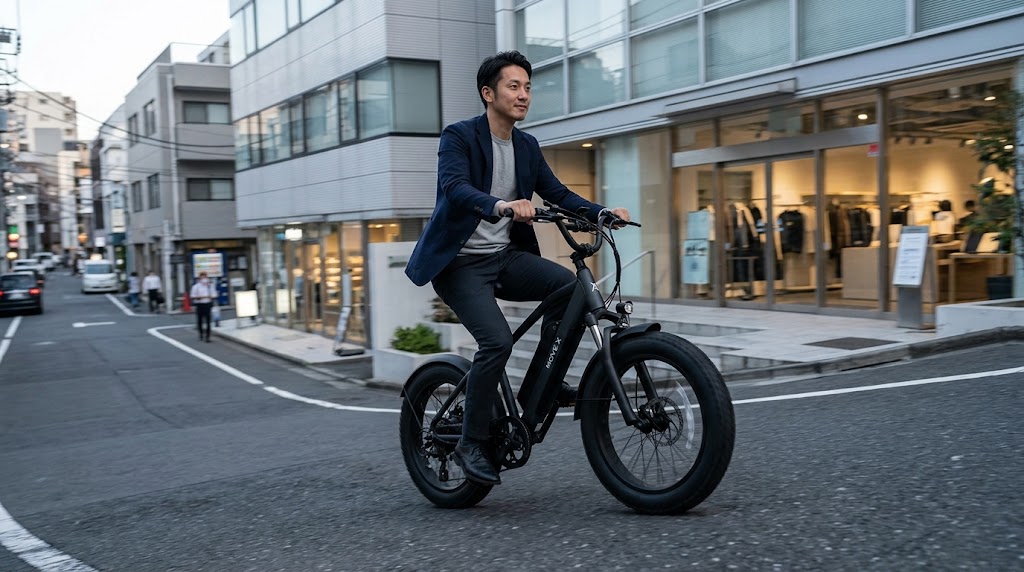 都心の急な坂道を、涼しい表情でスムーズに登っていくMOVE Xと日本人男性。350Wモーターと外装7段変速の力強い走りを表現。