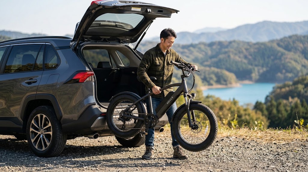 郊外の未舗装路の傍らで、SUVの荷室からMOVE Xを運び出す日本人男性。週末のアウトドア体験を想起させる一枚。