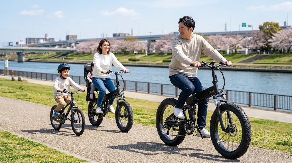 日本の爽やかな川沿いのサイクリングロードで、日本人の家族(父、母、子)がMOVE X(image_1.png)とMOVE XS電動ファットバイクを使い、週末のサイクリングを楽しむ様子。