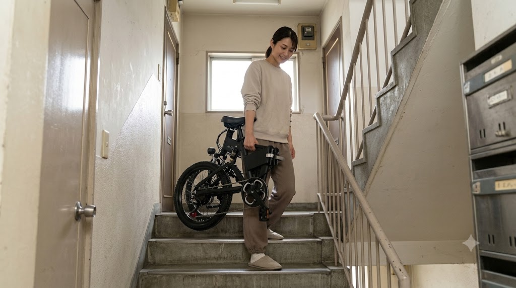 エレベーターのない日本の古いアパートの階段で、日本人女性が折りたたまれたMOVE S電動アシスト自転車を軽々と持ち上げ、運ぶ様子。