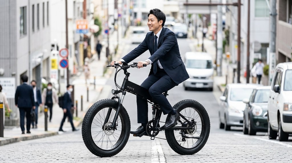 日本の都市部で、スーツ姿の日本人男性がMOVE X電動ファットバイクを使い、急な坂道を汗をかかずに笑顔で登る様子。