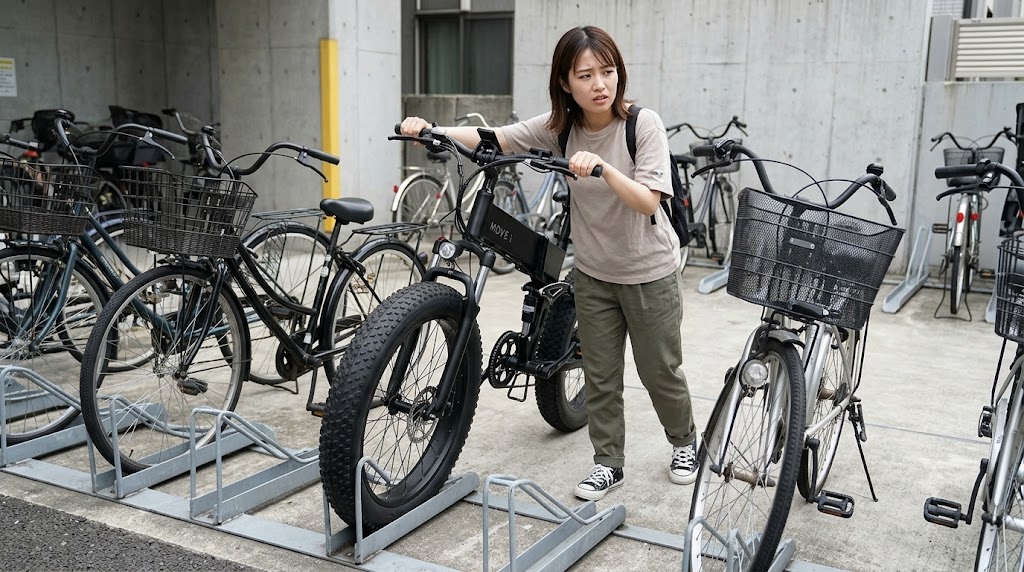 日本の都市部の狭い駐輪場で、小柄な日本人女性がMOVE X電動ファットバイクを標準的な前輪ラックに入れようとするが、極太タイヤが入らず困惑する様子。