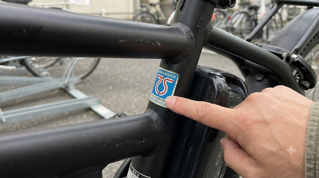 日本人の手元。電動アシスト自転車のフレームに貼られた、国家認定を示すTSマークのステッカーをクローズアップで強調。