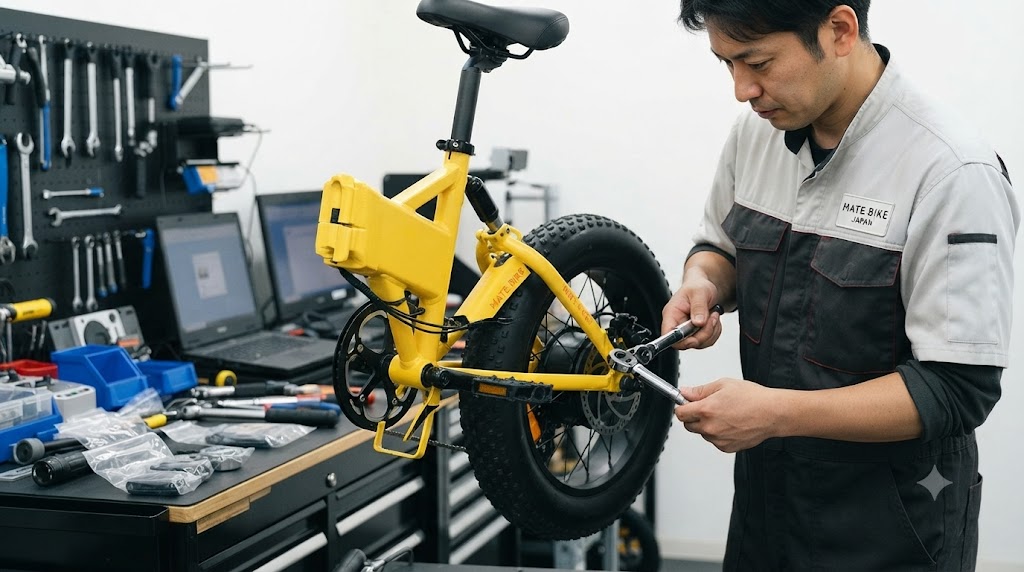 日本の正規ディーラー店内で、MATE JAPANの認定スタッフが専門的な工具を使用して車体を丁寧に整備している様子。