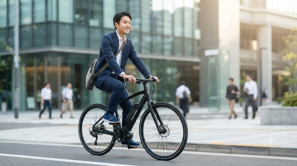 スーツ姿の日本人ビジネスパーソンが、電動クロスバイク「ベロスター」に乗り、汗をかかずに涼しい顔で都市部の通勤路を走行している様子。