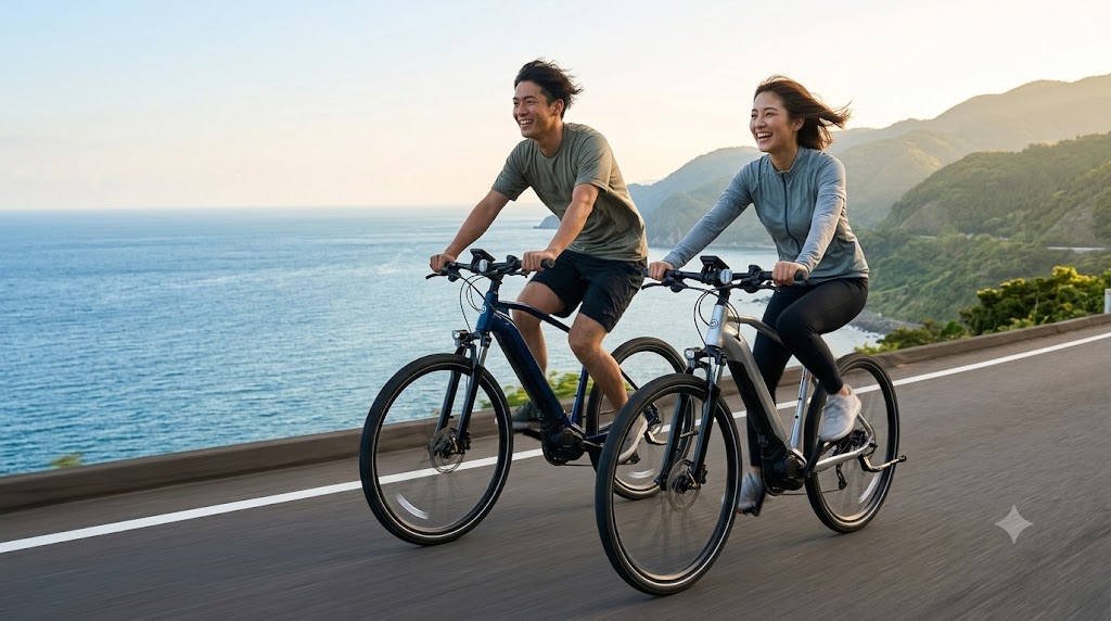日本の美しい海岸沿いの道路を、電動クロスバイクで軽快にツーリングし、笑顔で走る日本人カップルの様子。