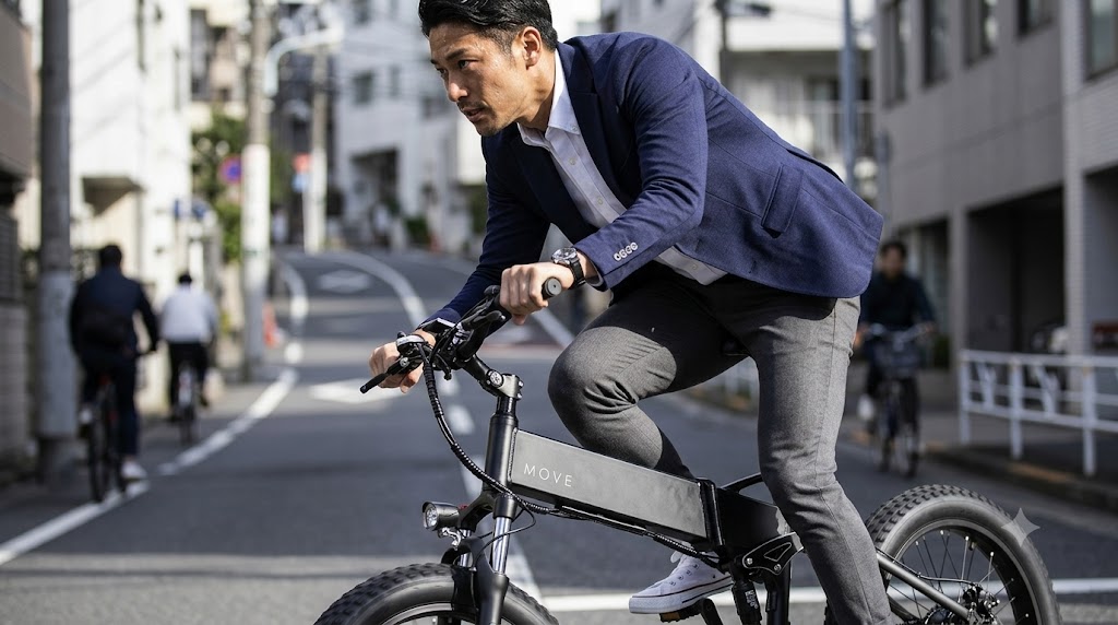都市部の坂道を力強く能動的にペダリングする日本人男性。