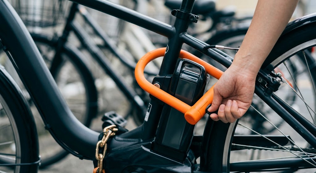 駐輪場で、電動自転車のバッテリーに頑丈なU字ロックをかけている手元の様子。二重施錠による盗難対策を強調。