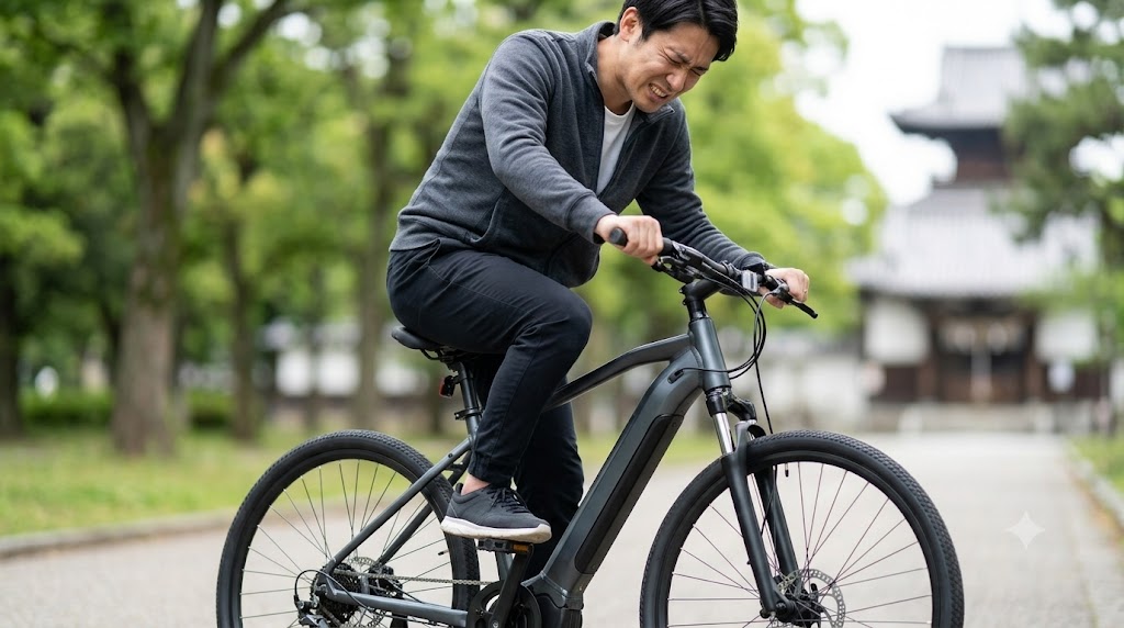 電動アシスト自転車の狭いスポーツサドルに座り続け、お尻の痛みに顔をしかめる日本人男性のクローズアップ。