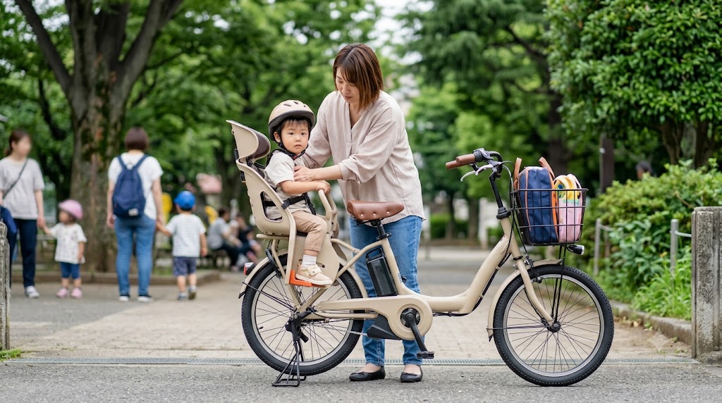 強固なクラス27リアキャリアにチャイルドシートを装着した電動アシスト自転車から、幼児を降ろそうとする日本人母親。安定したスタンドが特徴。