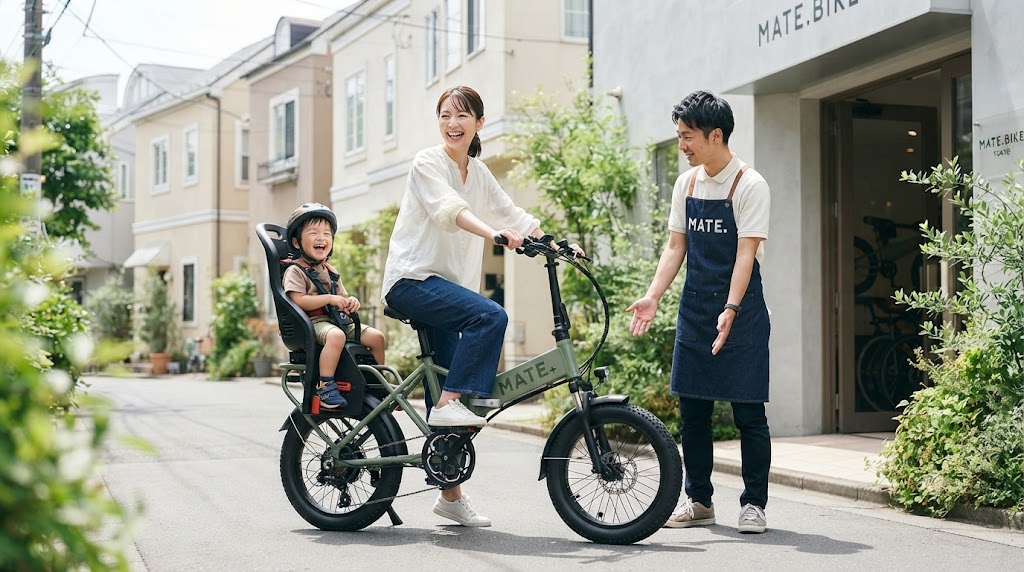 東京の洗練された街並みにあるMATEの直営店前で、子供乗せモデルを試乗し笑顔を見せる日本人親子とスタッフ。