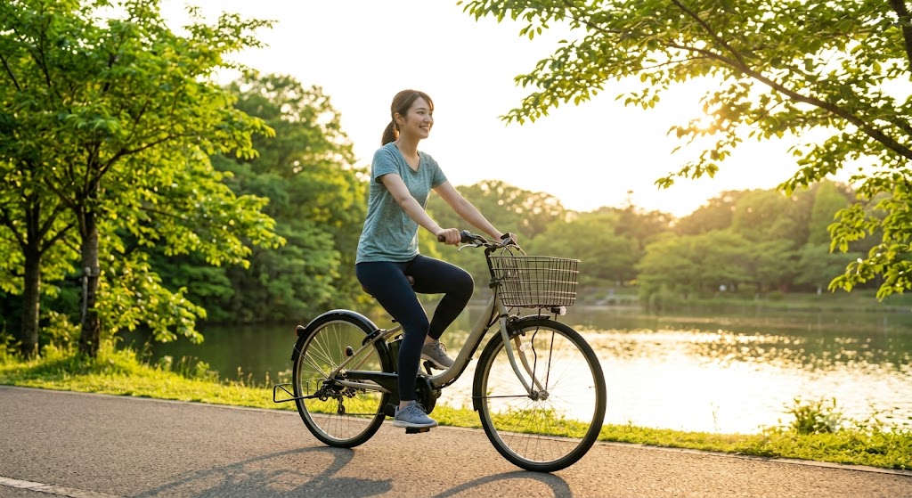 夕暮れ時、自然豊かな公園のサイクリングロードで、日本人女性が電動自転車を快適に漕ぎ、リフレッシュしている様子。