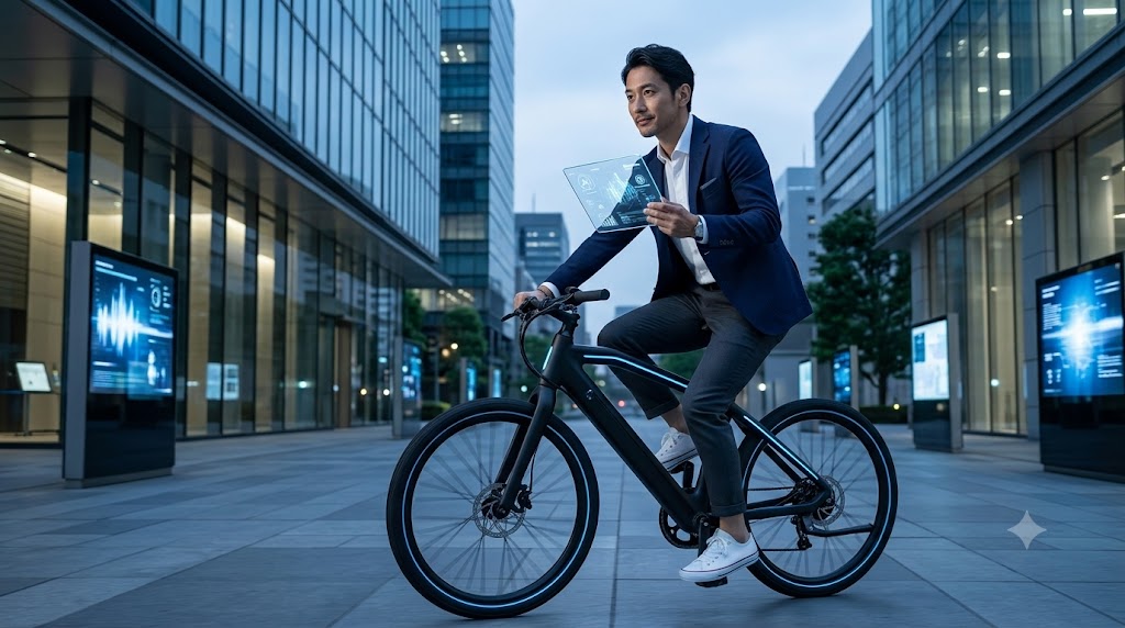 AI搭載のプレミアムe-bikeで未来的な都市を移動する洗練された日本人男性。