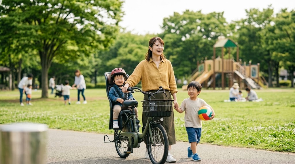 電動アシスト自転車を活用して緑豊かな広い公園へ遊びに来た、笑顔あふれる日本の母親と子どもの日常風景