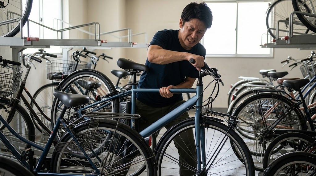混雑した駐輪場で、重い電動アシスト自転車の取り回しに苦戦する男性の様子。