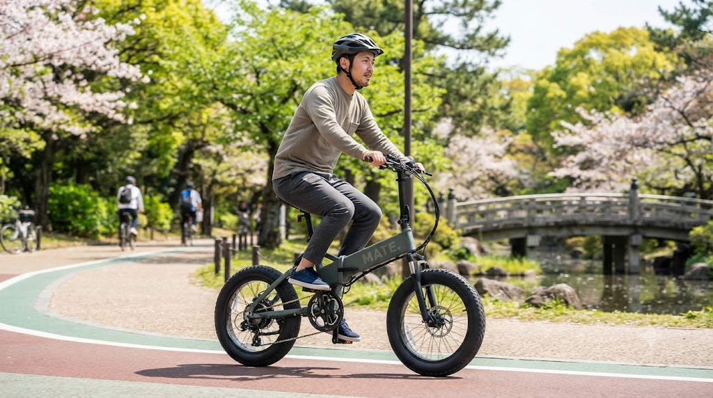 日本の緑豊かなサイクリングロードを、MATE.BIKEで法規を守りながら快適に走行する日本人男性。