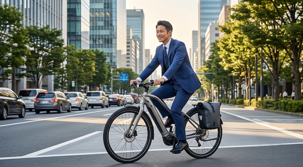 朝の通勤ラッシュ時、渋滞する車列の横を、プレミアム電動アシスト自転車で颯爽と追い抜いていくスーツ姿の日本人ビジネスマン。