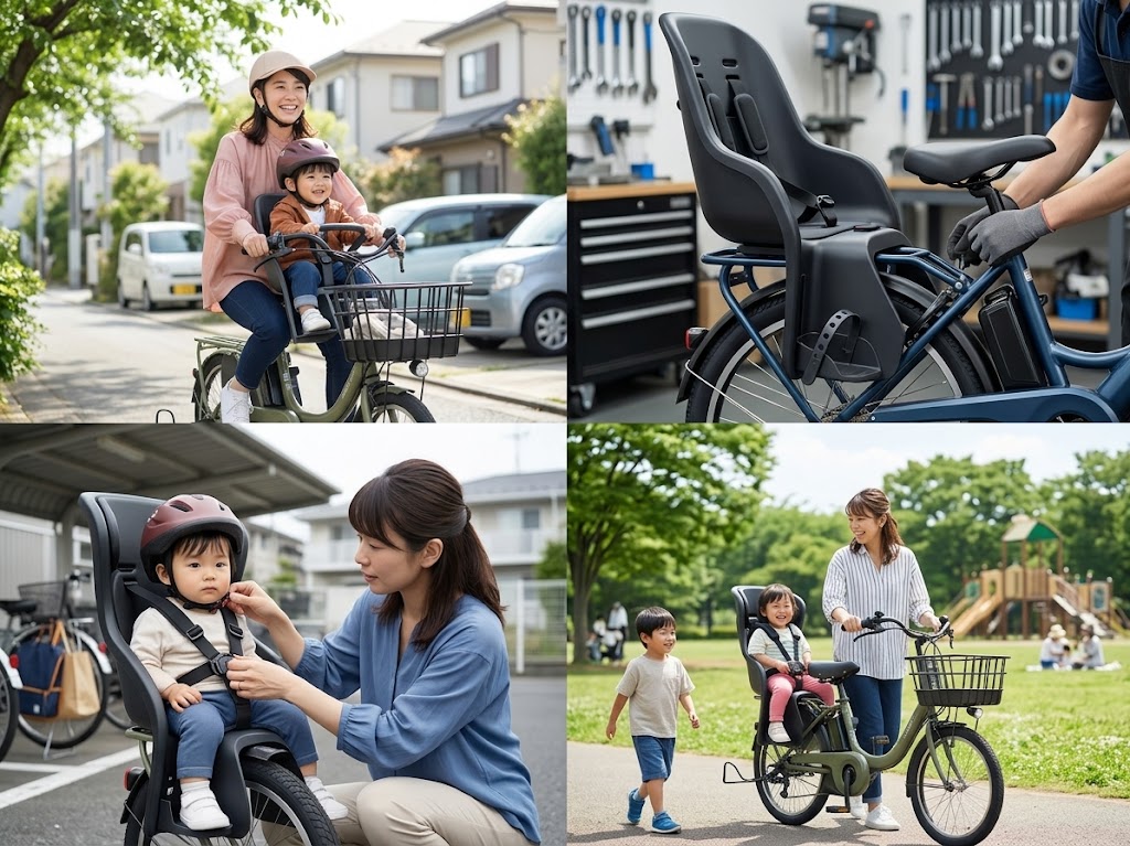 フロントチャイルドシートの前乗せ電動アシスト自転車に乗って笑顔で出発する日本の母親と幼児の様子