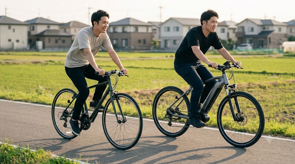 日本の平坦なサイクリングロードで、軽量なクロスバイクと重い電動アシスト自転車が並走し、重量によるペダリングの差を視覚的に対比させたシーン。