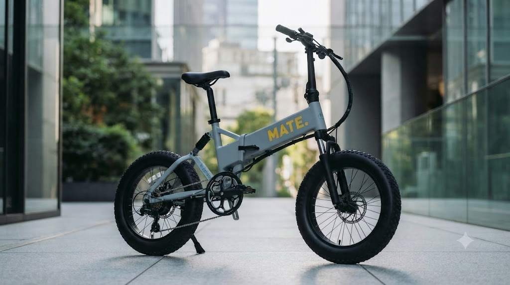 日本の都会的な街並みを背景に、MATE.BIKEの象徴である極太タイヤと特徴的なフレームデザインを強調したスタジオ品質のサイドショット。
