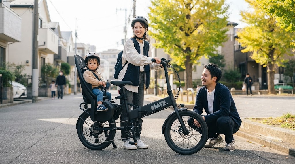 日本の住宅街にある公園の近くで、MATE GO+に子供用シートを装着し、子供を乗せて停車する日本人家族の日常風景。