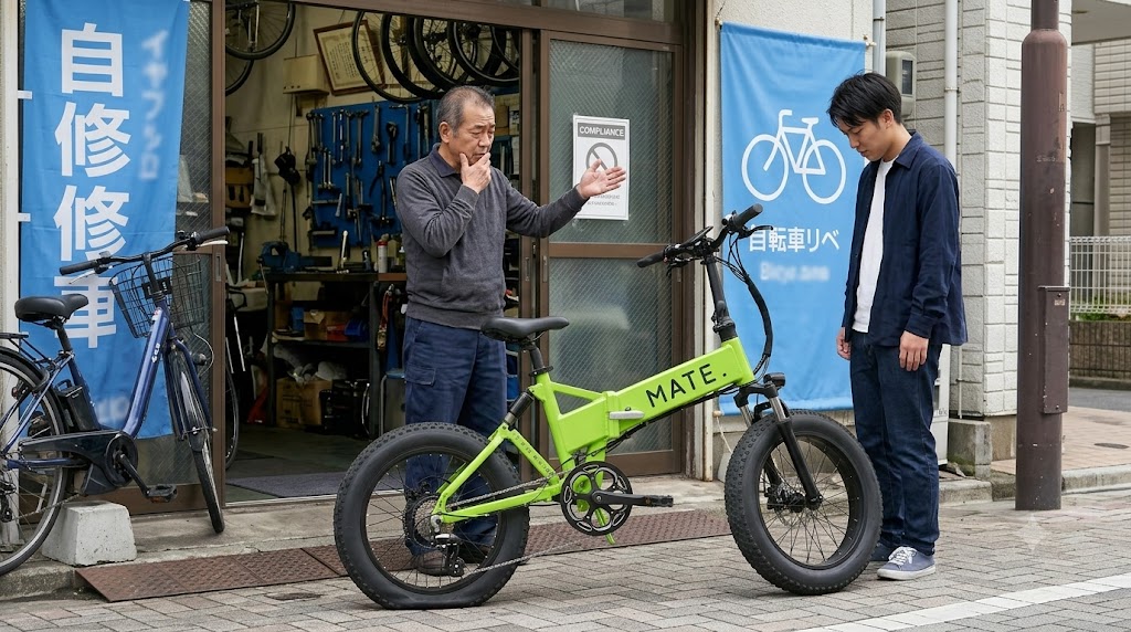街の自転車屋で修理を拒否される、型式認定未取得の電動ファットバイク（MATE X風）。コンプライアンスの壁。