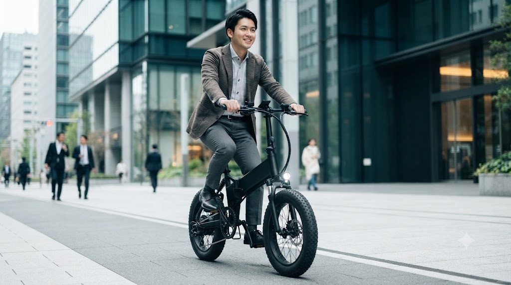 都会の洗練された街並みを背景に、スタイリッシュに通勤する日本人男性とMATEの電動自転車。