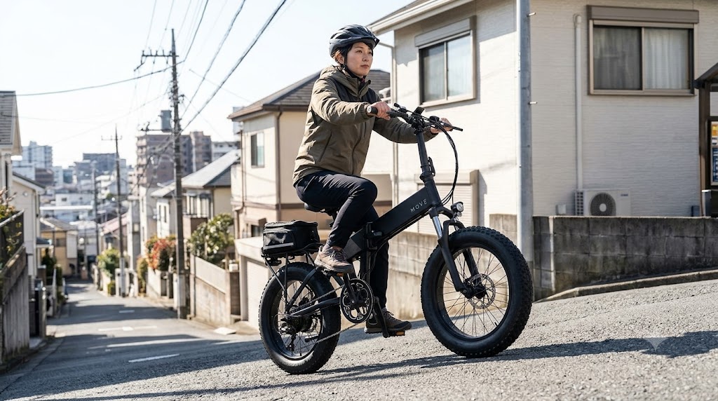 日本の急な坂道を力強く登るMOVE XS電動アシストファットバイク。350Wモーターのパワー。