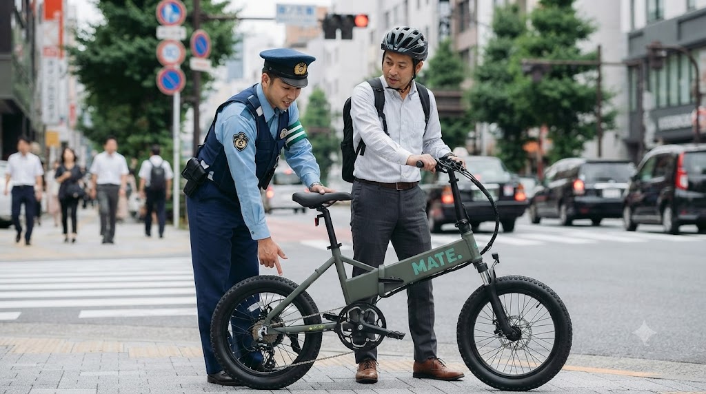 日本の市街地にて、MATE.BIKE（正規モデル）のライダーに対して、日本の警察官が交通ルールに関する職務質問と安全確認を行っている場面。