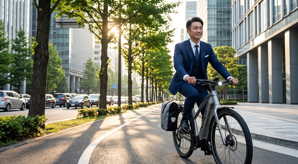 朝の光の中、スーツ姿でプレミアムな電動アシスト自転車に乗り、洗練された都会の並木道を快適に通勤する日本人ビジネスマン。