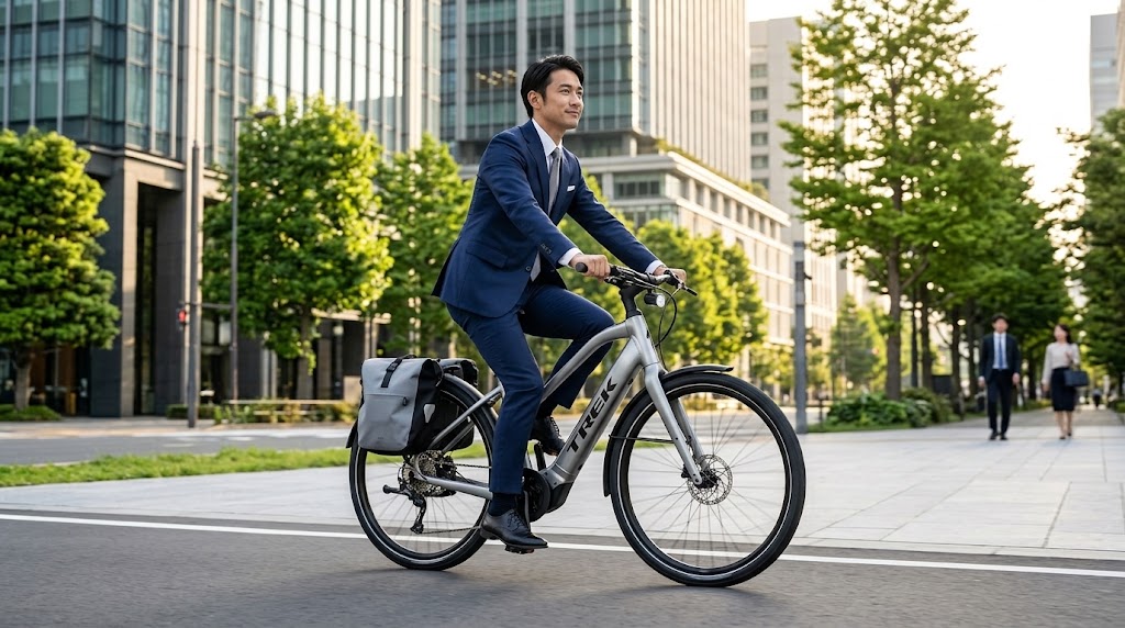 スーツ姿でプレミアムな電動アシスト自転車に乗り、朝の爽快な空気を感じながら、リラックスした表情で通勤する日本人男性ビジネスマン。