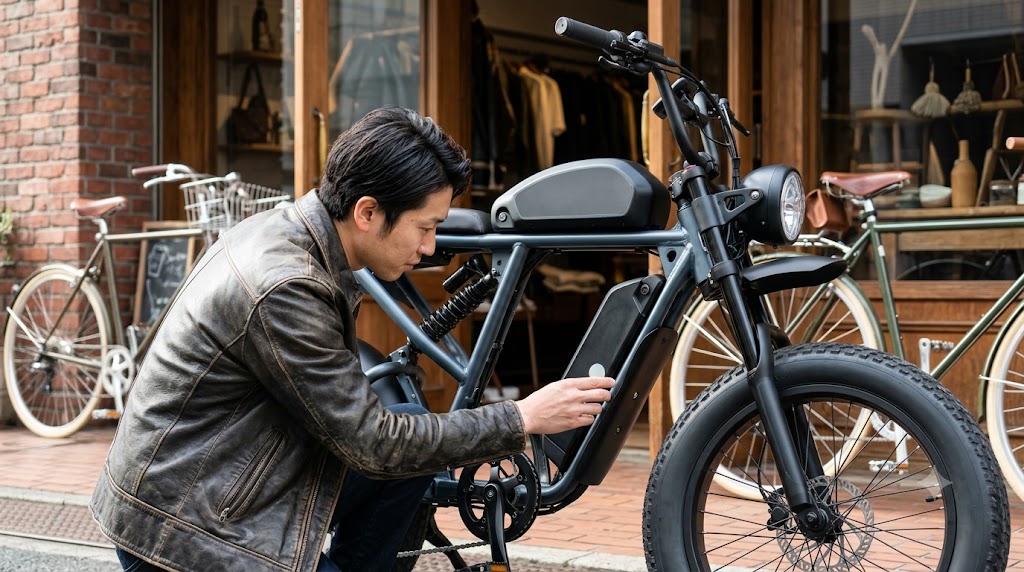 クラシカルなセレクトショップの前で、ヴィンテージオートバイ風の海外製レトロ電動自転車のフレームにある型式認定TSマークを確認する日本人男性。