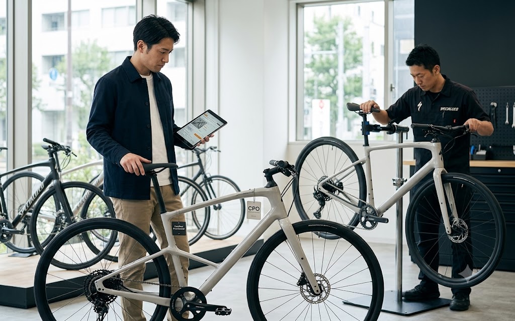 日本のスペシャライズド正規販売代理店で、専門のメカニックが「認定中古車（CPO）」として販売されるシラスの20項目点検を実施し、品質を保証している様子。