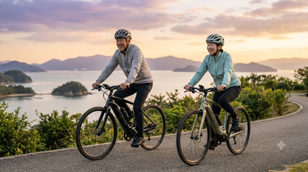 美しい景勝地で、軽量電動アシスト自転車（e-bike）を楽しむシニア世代の日本人夫婦
