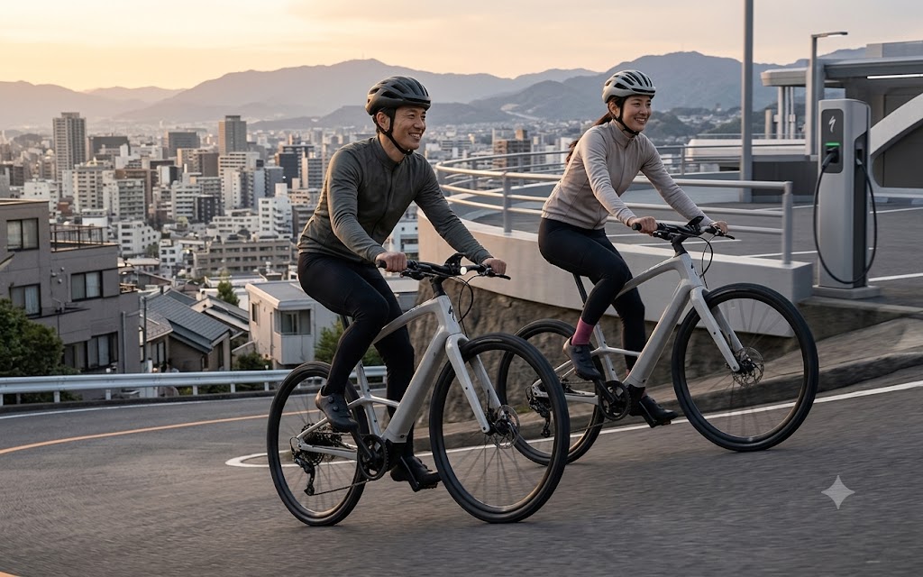 日本の美しい夕暮れの丘を、洗練されたモーターインテグレーション技術を搭載したスペシャライズドの電動アシストクロスバイクで、日本人カップルが息を切らすことなく軽快に登っていく未来のモビリティライフ。