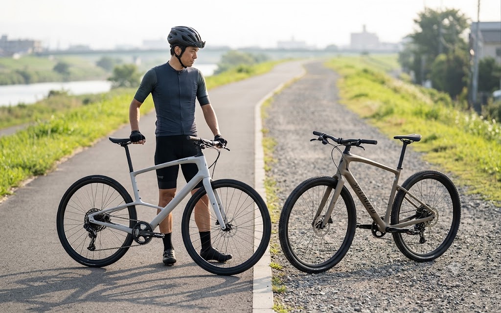 美しい朝の日本の風景の中で、通勤用ロードとオフロード用グラベルという2種類のスペシャライズド・シラス（シラスおよびシラスX）を前に、日本人サイクリストがどちらを選ぶか思案している様子。