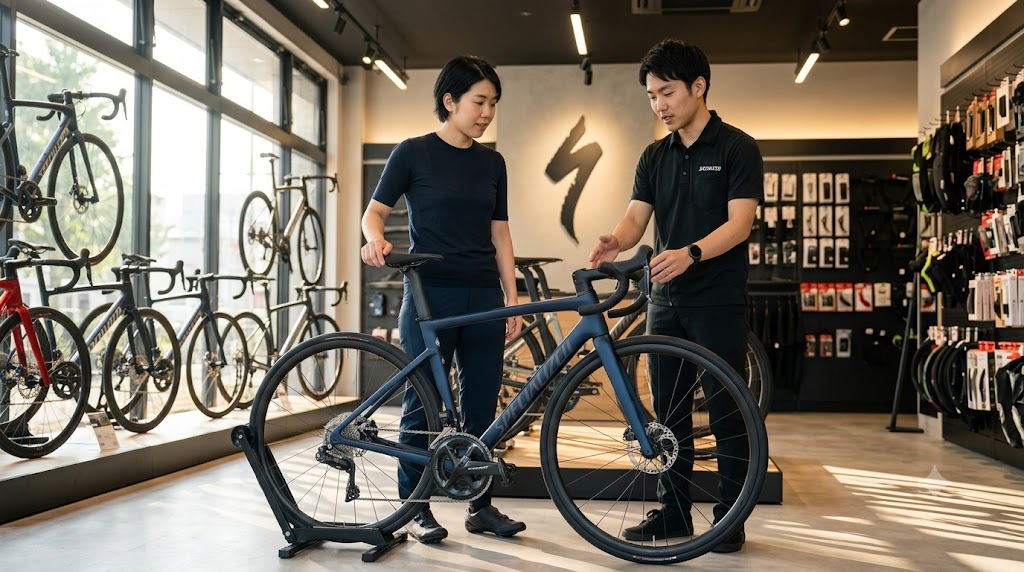 スペシャライズド直営店で、スタッフからオンライン購入したロードバイクの納車説明を受ける日本人女性