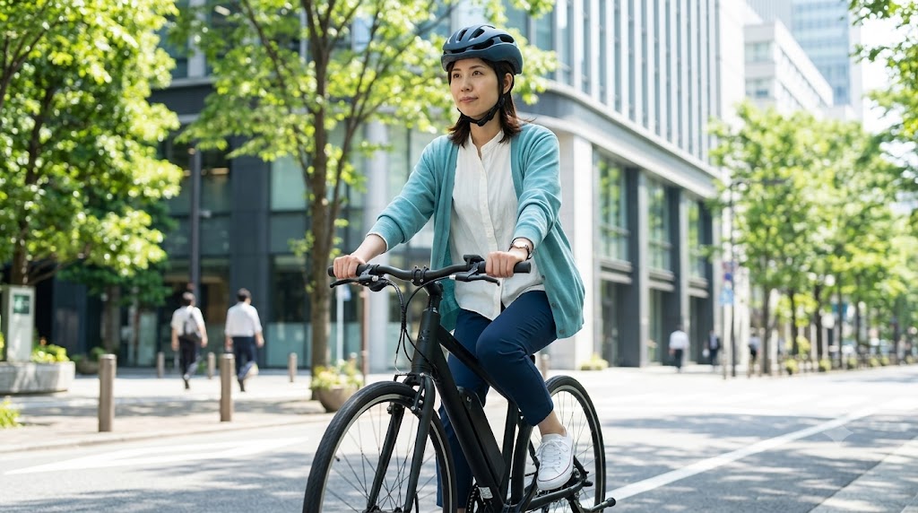 電動アシスト自転車で健康的で快適な通勤をする日本人女性。