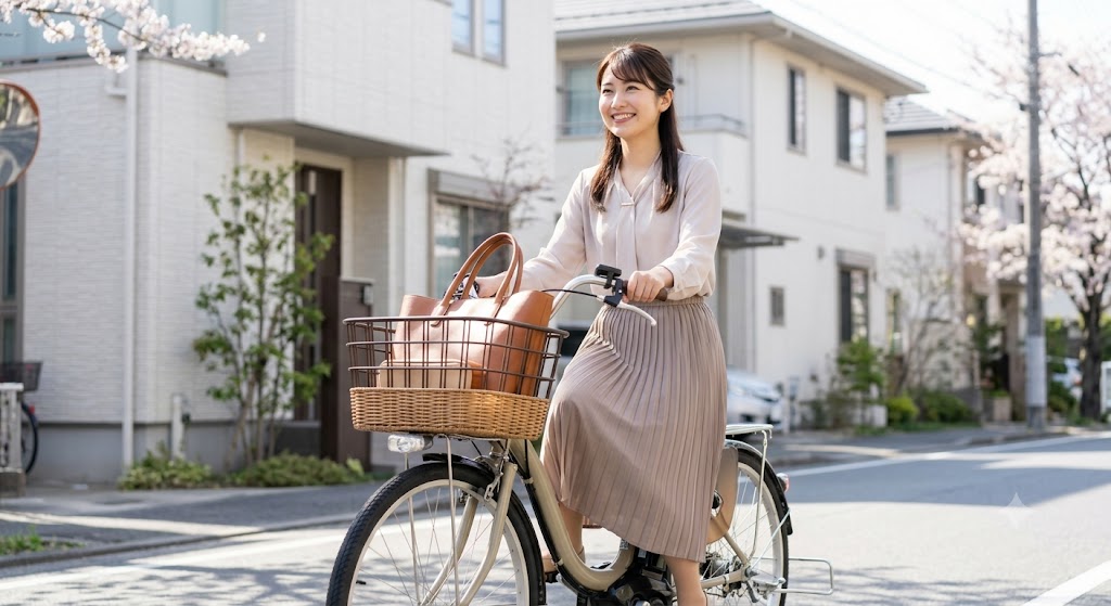 朝の光の中、オフィスカジュアルな日本人女性が、またぎやすい低床U型フレームの電動自転車に乗り、笑顔を見せる様子。大きなバッグがバスケットに収まっている。