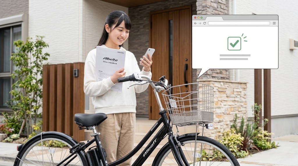晴れた日の午前、現代的な住宅の玄関前で、カジュアルな服装の日本の女子高校生が、スマートフォンを使い、手元の「オーナーズマニュアル」と照らし合わせながら、アルベルトe(ブラック)のオンライン延長保証登録手続きを行っている。スマートフォン画面には「登録完了」を意味するシンプルなグラフィックが表示されている。