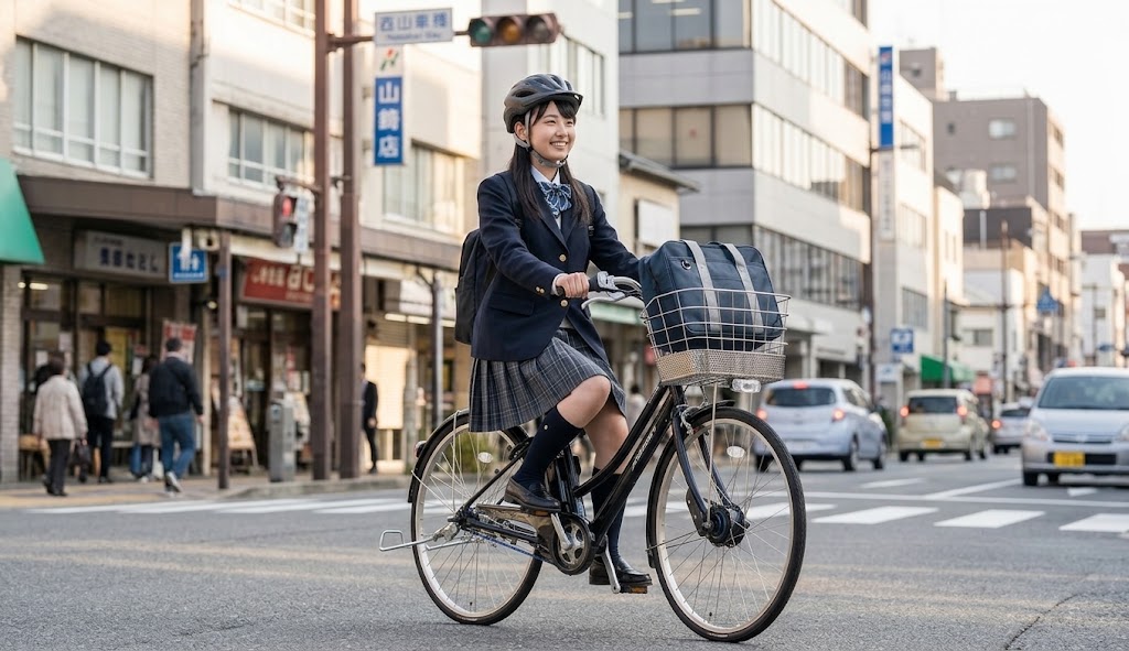 晴れた日の夕暮れ時、賑やかな街中の交差点を、ヘルメットを被った日本の女子高校生が、重いスクールバッグを前カゴに載せ、アルベルトe(ブラック)でスムーズに走り抜けている。両輪駆動による安定した都市走行を表現。
