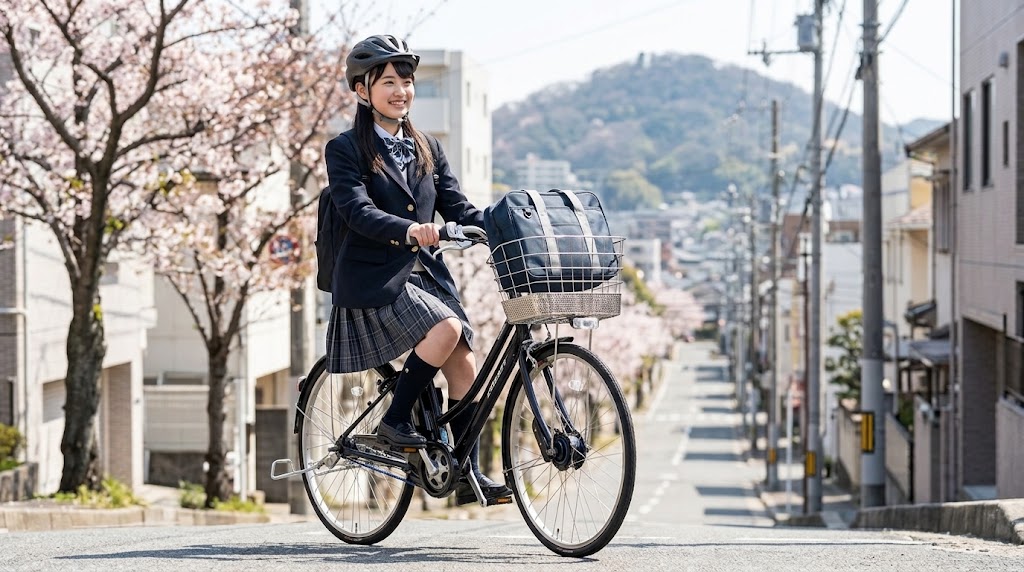 晴れた日に、ヘルメットを被った日本の女子高校生が、重いスクールバッグを前カゴに載せ、坂道を快適に登るアルベルトe(ブラック)。両輪駆動の安定した走りを表現。