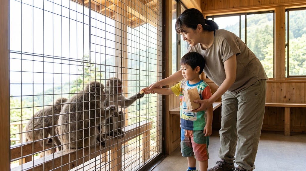 嵐山モンキーパークの山頂休憩所にある逆ケージ構造のエサやり場で、金網越しに野生のニホンザルに安全にエサを与える日本人家族。