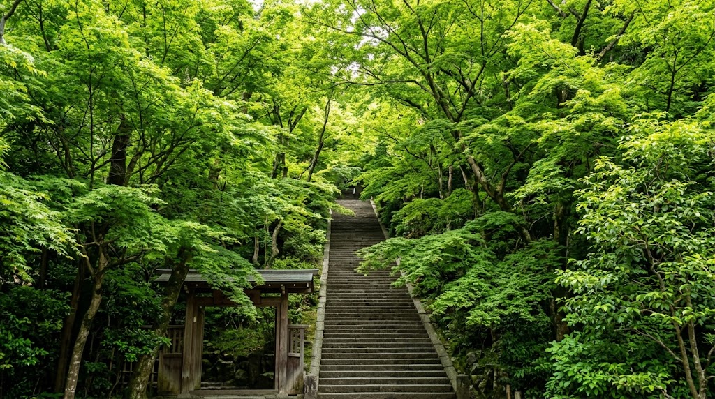 嵐山モンキーパークの麓から続く、緑豊かな木々に囲まれた急な120段の石段の登り口。
