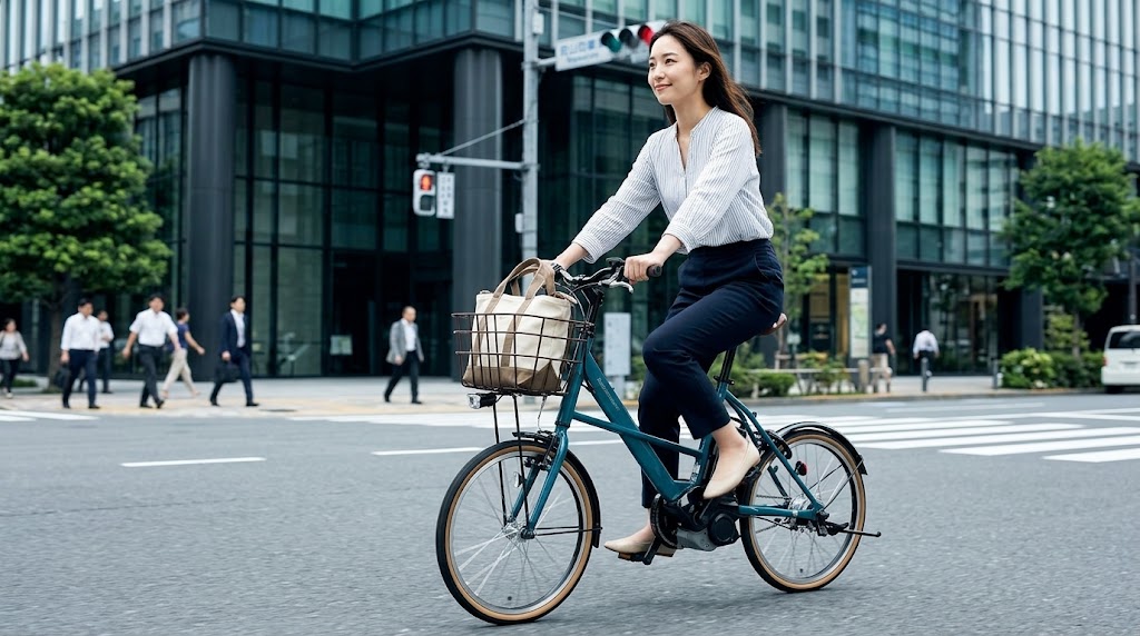 都市部の交差点を、滑らかに加速しながら軽快に走り抜ける、日本人女性とブリヂストン・リアルストリームミニ(グリーンアッシュ)。