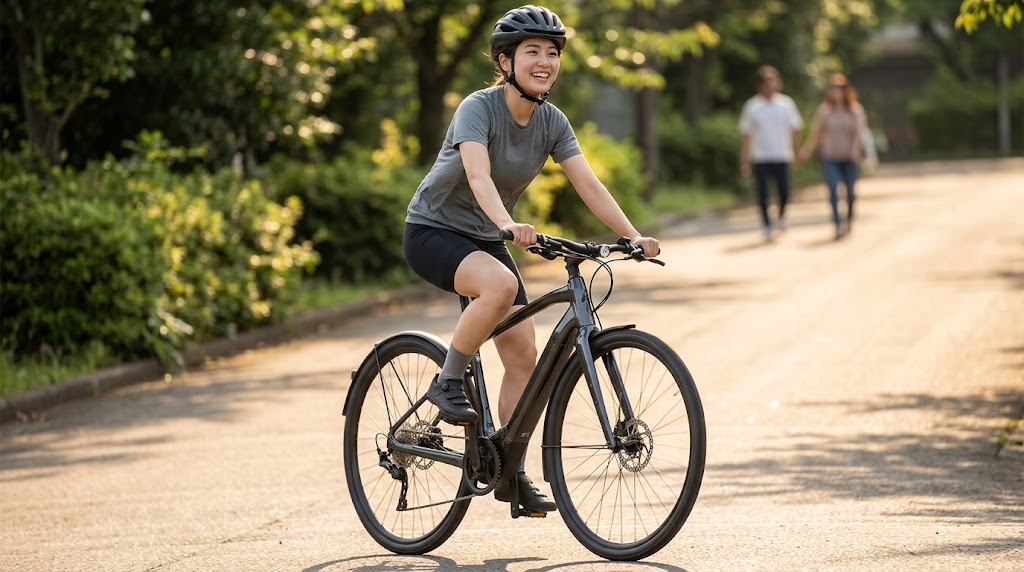 緩やかな坂道を、力むことなく自然な笑顔で軽快に駆け上がる日本人女性サイクリスト。スペシャライズドの軽量E-バイク「VADO SL」に乗り、体の一部のような滑らかな加速感を体現している。