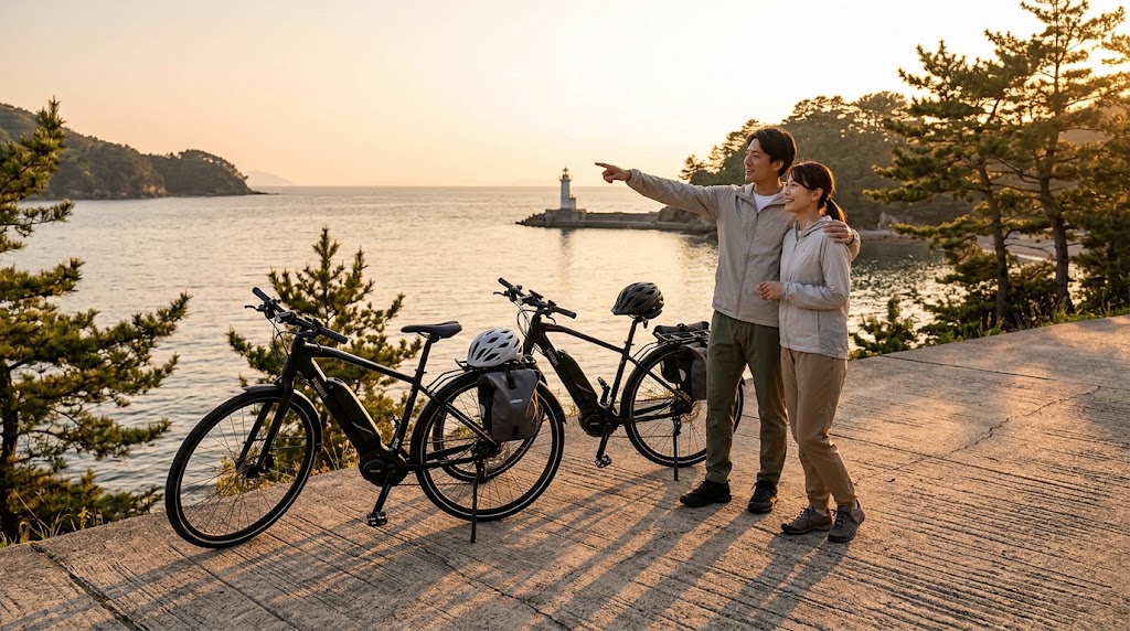 夕暮れの海岸沿いのサイクリングロードで休憩する日本人カップルと2台のヤマハ CROSSCORE RC。遠くに見える灯台を指差しながら笑顔で会話しており、e-Bikeがもたらす上質な移動体験と旅の歓びを表現している。