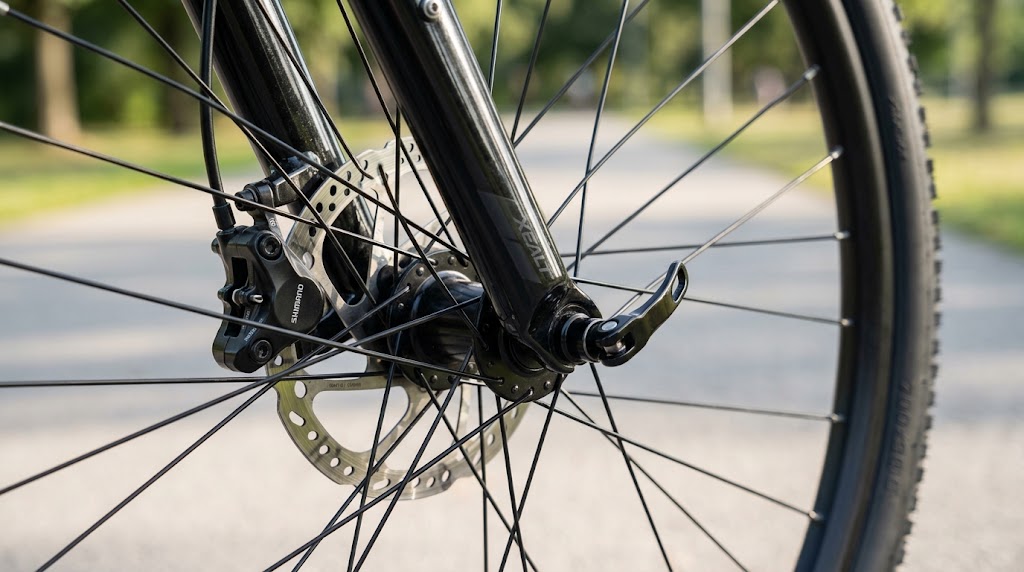 パナソニックのe-BIKE「XEALT L3」のフロントホイールに搭載されたシマノ製油圧ディスクブレーキと12mmスルーアクスルの接写。高い剛性と制動力を感じさせる金属の質感が強調されている。