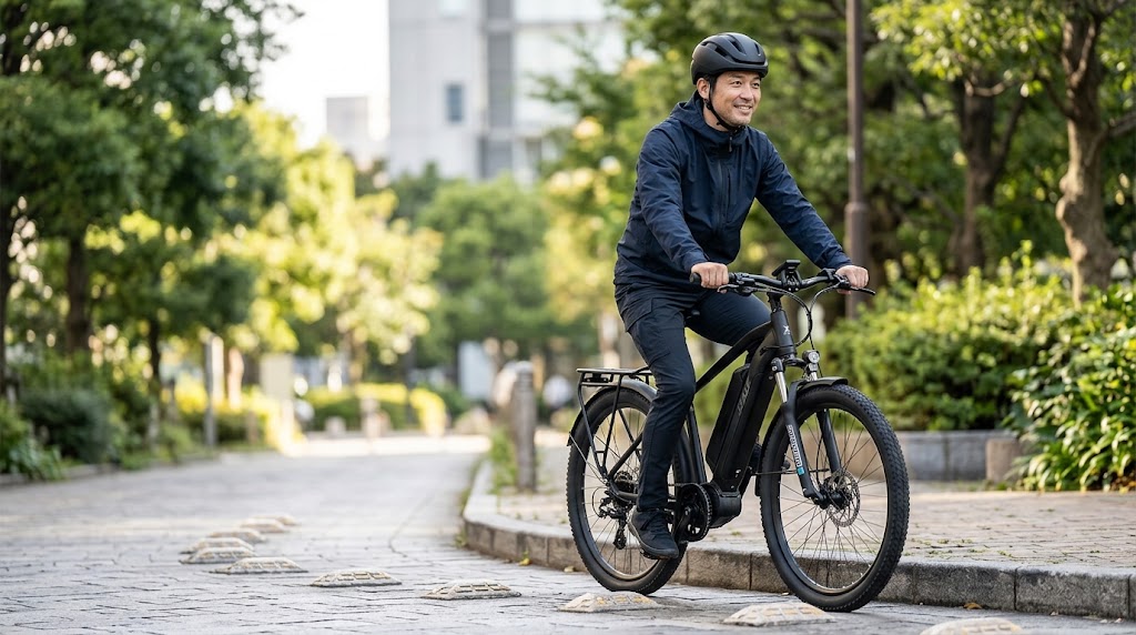 フロントサスペンションと太いタイヤを装備したe-BIKE「XEALT S3F」で、都会の舗装路の段差をスムーズに乗り越える日本人男性の様子。乗り心地の良さと安定感が伝わる走行シーン。